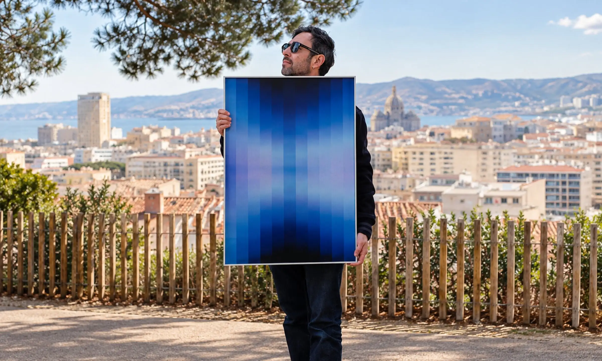 Anthony Celerier, in sunglasses, holds a framed blue artwork in front of a view of the city and the sea.