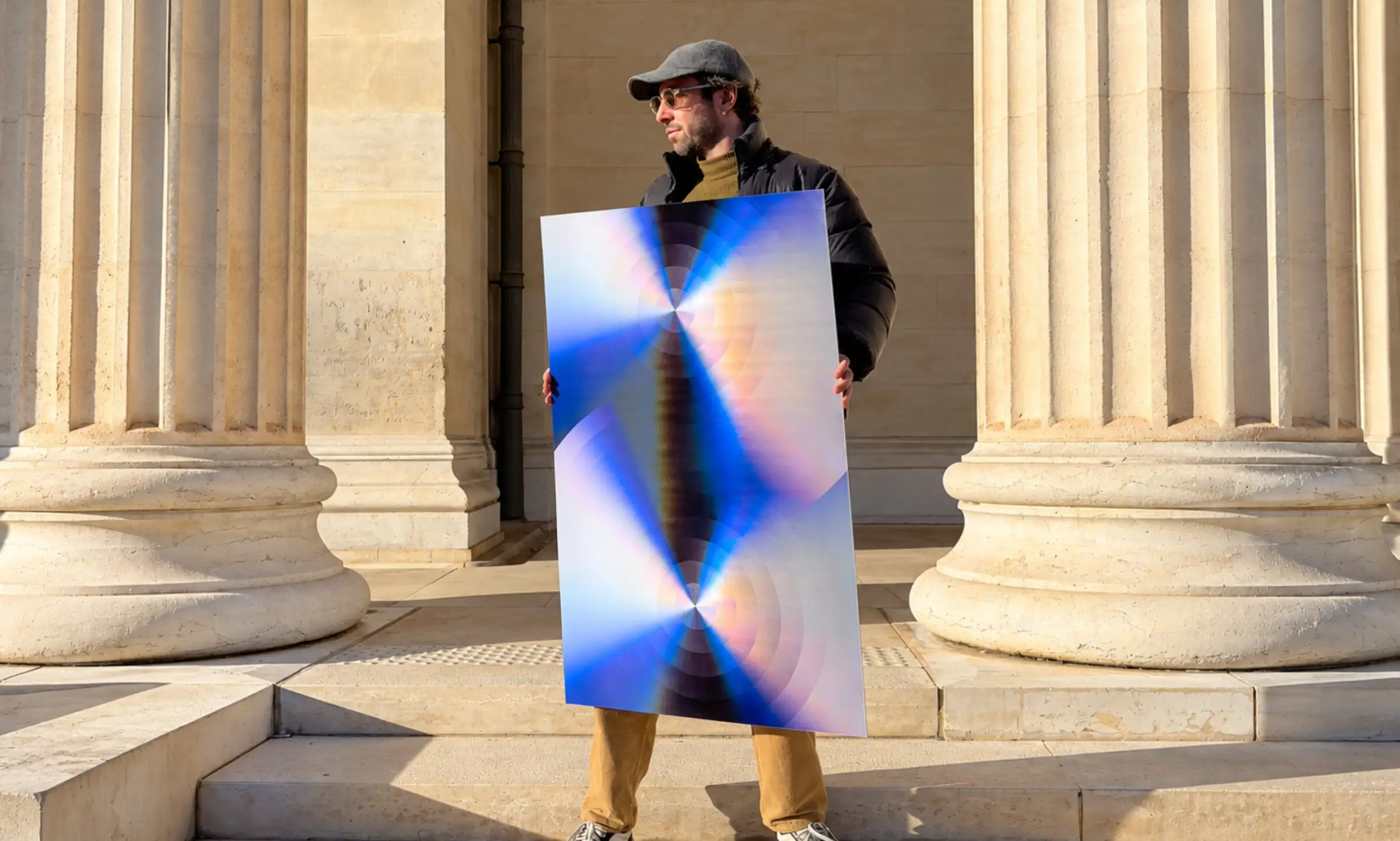 Anthony Celerier holds an iridescent blue artwork between the columns of a portico.