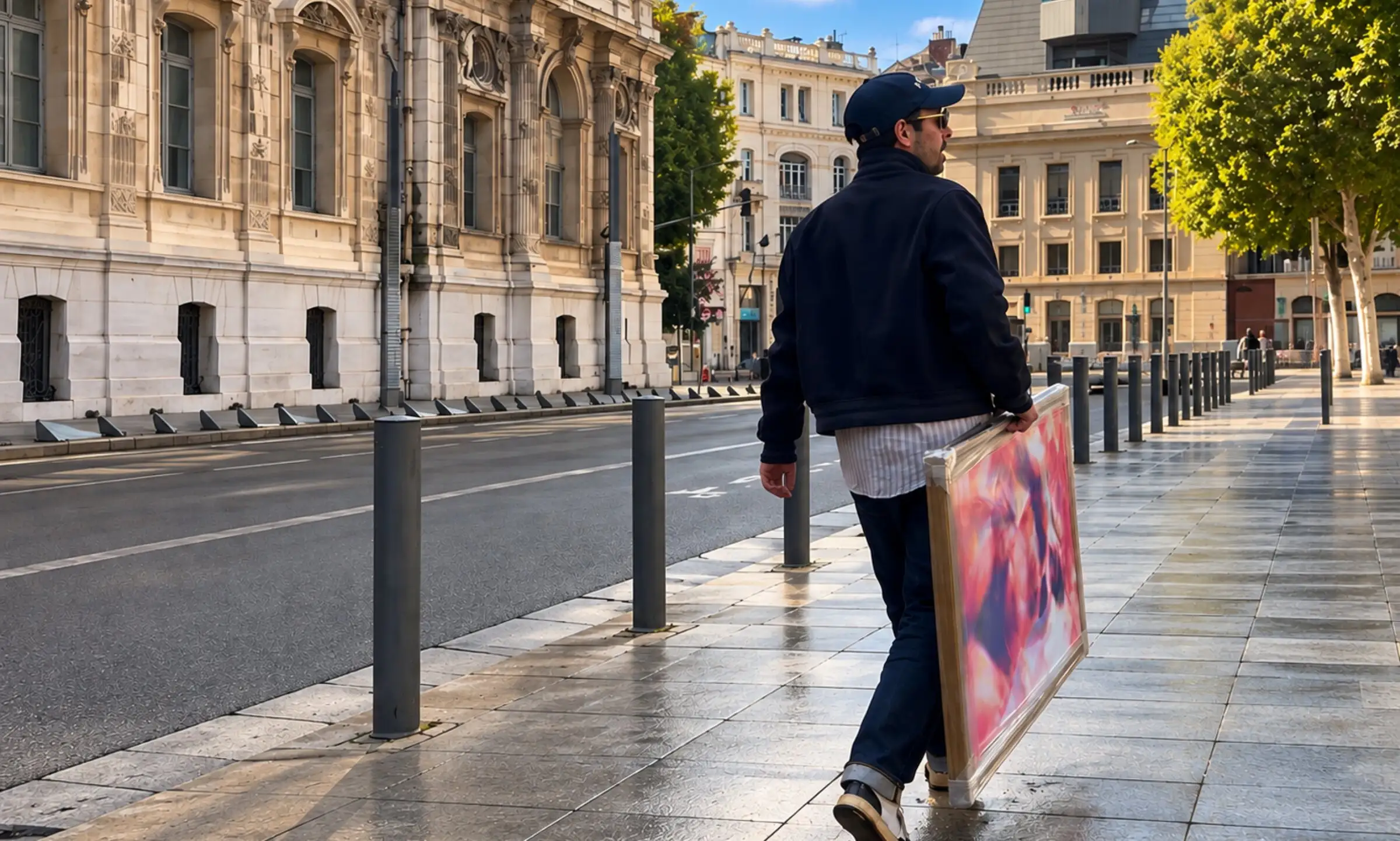Anthony Celerier walks down the street with a pink and red artwork under his arm.