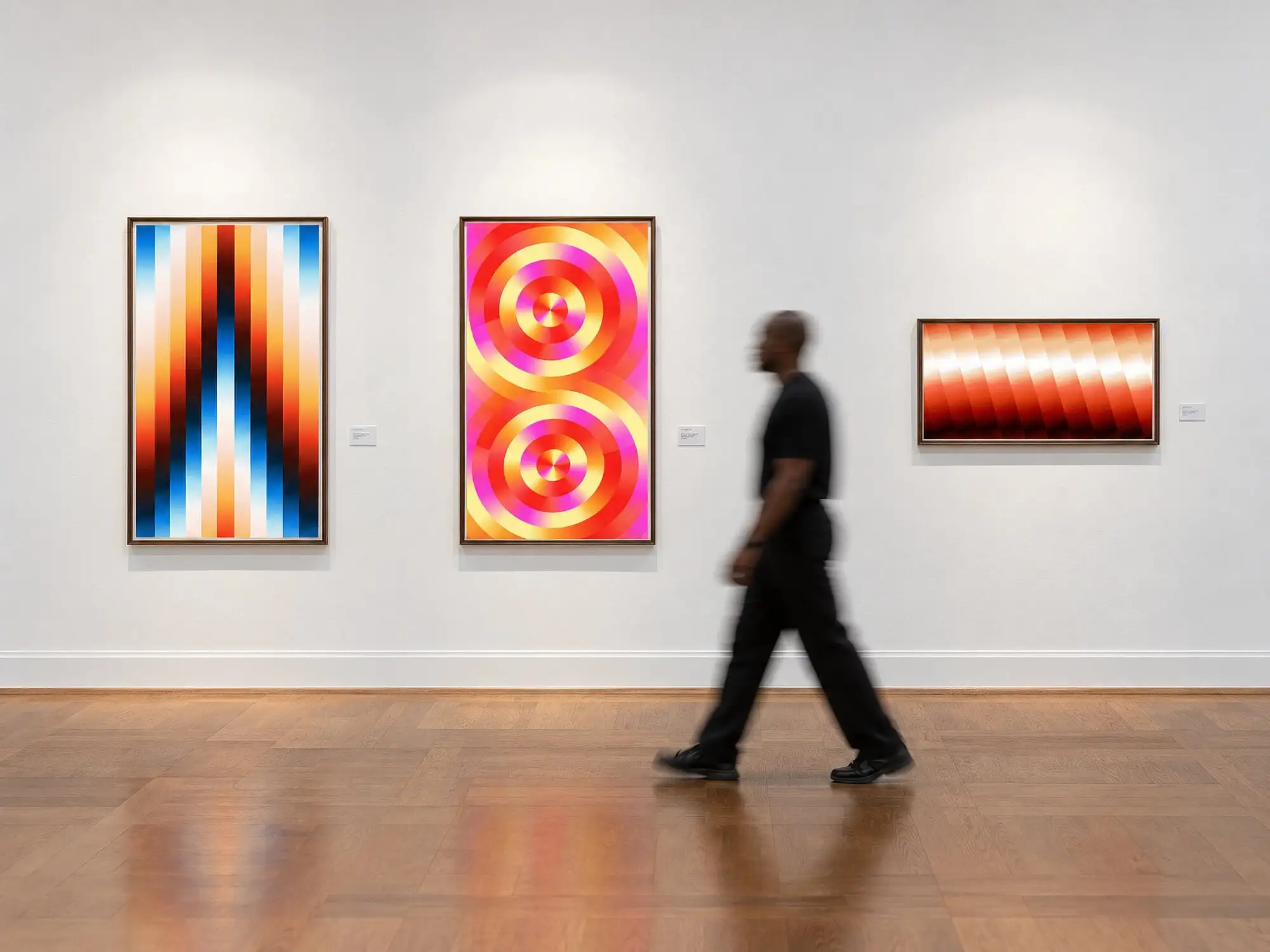 Three framed artworks hung on the white wall of a gallery, a visitor walking past.